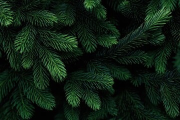 Close up macro view of deep green fir tree branches and needles creating a natural textured background