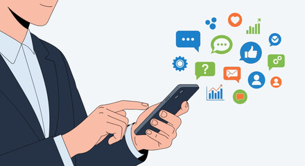 Person using smartphone with social media icons and notifications popping up, symbolizing digital communication and online engagement