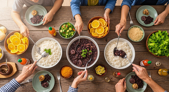 A Lively Brazilian Family Gathering Enjoying Delicious Feijoada With Friends and Family