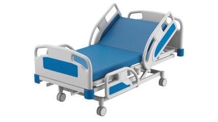 Modern adjustable hospital bed with blue cushioning and white frame, ready for patient care and medical treatment.