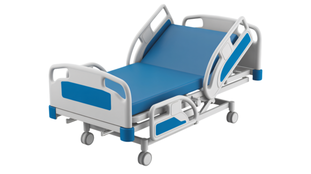 Modern adjustable hospital bed with blue cushioning and white frame, ready for patient care and medical treatment.