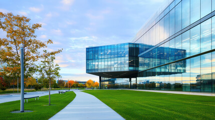 Obraz premium Modern architecture glass building landscaped area green grass autumn trees pathway outdoor space contemporary design urban environment blue sky