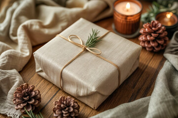 Gift wrapped in natural materials, set on a wooden table with candles and pinecones in a cozy indoor setting