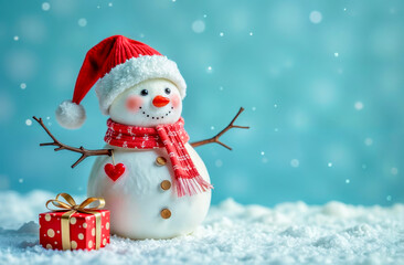 Snowman wearing a festive hat and scarf stands next to a gift in a winter wonderland scene during the holiday season