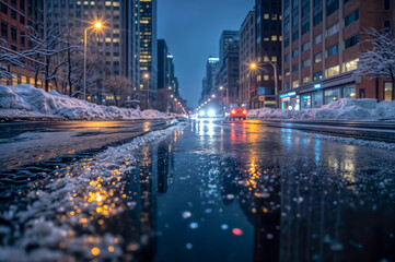 Winter evening in a city street with snow and reflections on wet pavement