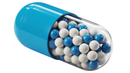 Captivating blue and white capsule overflowing with tiny health spheres symbolizing medicine, wellness, and scientific innovation for modern solutions