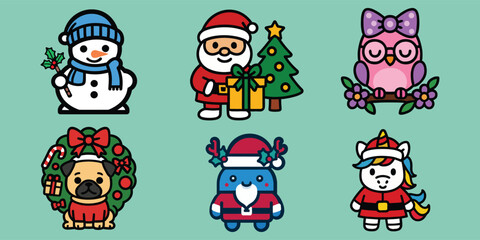 Fototapeta premium Cute Christmas Character Icon Set Flat Vector