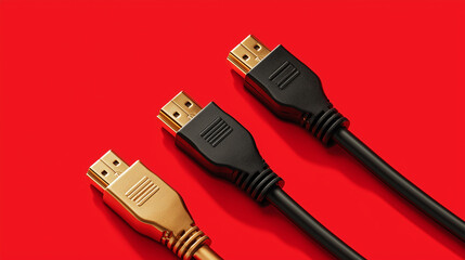 Three hdmi cables in gold and black colors on a vibrant red background
