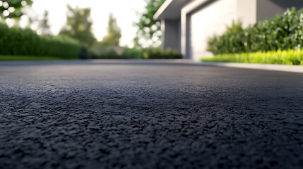 A ground-level shot of asphalt stretching into the distance. The focus is on the texture of the asphalt, with greenery and a building in the blurred background, bathed in sunlight.