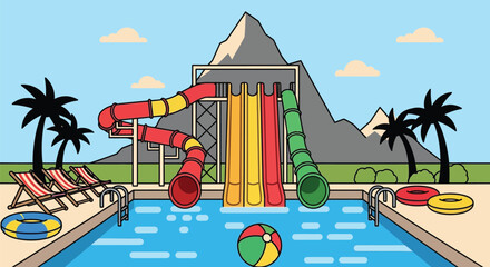 Exciting water park with colorful slides and a refreshing pool on a sunny day