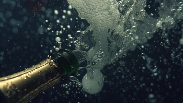A cinematic close-up captures champagne popping with liquid flying from the bottle, sparkling bubbles glistening, evoking celebration, luxury, and the lively joy of a festive toast