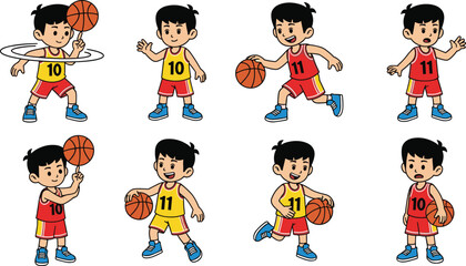 Cartoon boys playing basketball in dynamic poses, sports action character set, athletic movement, flat vector illustration, cad drawing style, team concept