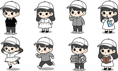 Cartoon characters in white baseball caps, casual outfits, expressive poses, modern youth style, flat vector illustration, cad drawing design, character set