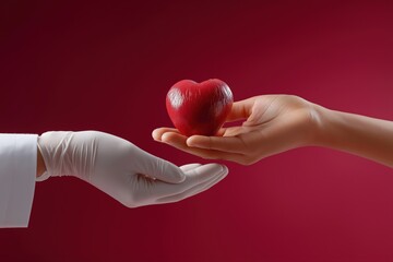 Conceptual heart donation: gloved hand receiving heart from bare hand against red background