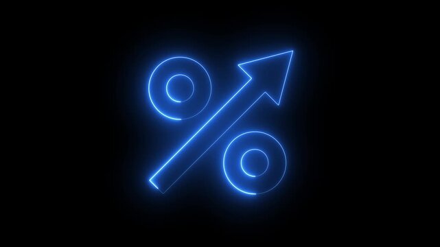 glowing Neon percent icon with arrow animation on black background. neon business percent icon. neon percentage sign with arrow. business profit concept business chart sign symbol.