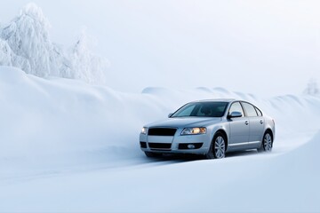 Naklejka premium Silver sedan driving through snowy winter landscape with frosty trees
