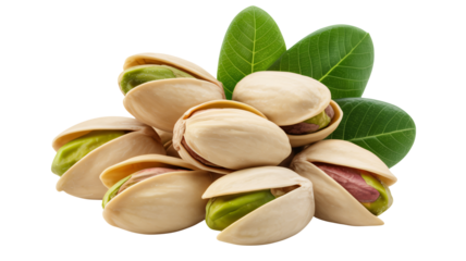 Freshly opened pistachios with vibrant green kernels and delicate leaves, bursting with natural goodness and delicious flavor for healthy snacking