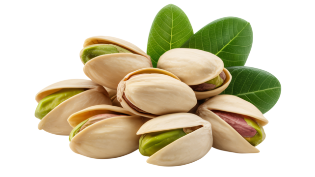 Freshly opened pistachios with vibrant green kernels and delicate leaves, bursting with natural goodness and delicious flavor for healthy snacking