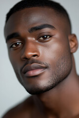 Obraz premium Close-up portrait of a handsome individual with a sleek hairstyle and well-groomed facial hair, captured in a studio setting with a minimalist background. His intense gaze captivates.