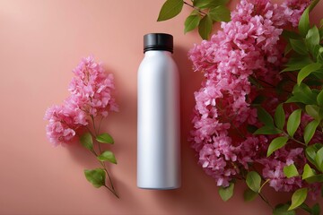 Stainless steel water bottle with pink flowers on peach background