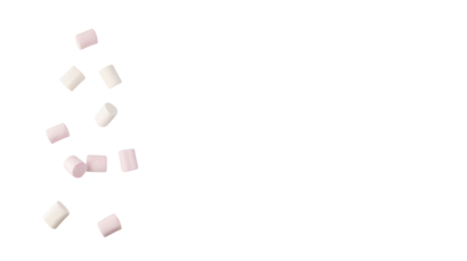 transparent png, Scattered pink and white mini marshmallows with soft fluffy texture, sweet candy dessert decoration for baking, isolated on transparent background, PNG.
