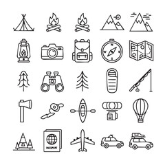 Black and White Travel and Adventure Icon Set Vector Illustration