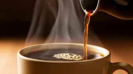 Pouring Freshly Brewed Coffee into a Steaming Mug, Close-Up Shot