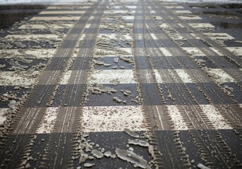 Fototapeta premium Slush on city crosswalk with tire tracks on wet winter road close up ground level photo