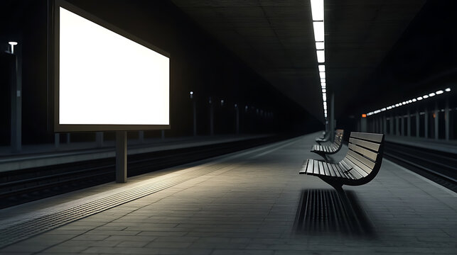 Subway platform with benches and blank billboard, illuminated by ceiling lights. An empty train track is visible in the background; the scene evokes solitude and stillness. - Powered by Adobe