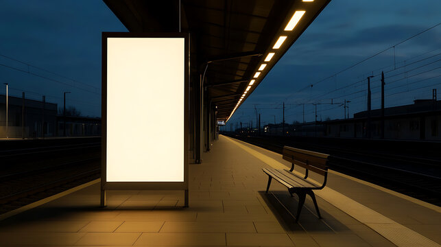 Night at the train station with a brightly lit billboard and a bench on the platform.  The scene is illuminated by overhead lights, casting a warm glow on the surroundings. - Powered by Adobe