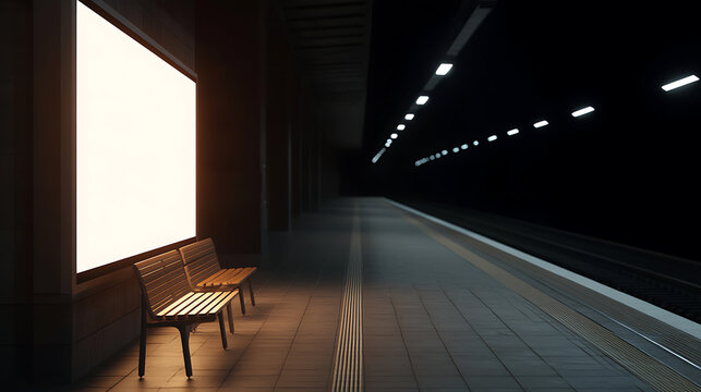 The image shows a long subway platform. On one side, two wooden benches are facing a bright light or advertising space, and on the other side of the platform stretches into darkness, lit by ceiling 