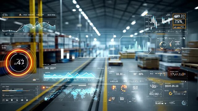 Industrial Warehouse with Data Overlays and Tracking Visualizations - Powered by Adobe