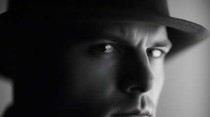 An enigmatic man in a fedora, captured in striking black and white. His intense gaze and the play of light and shadow create a timeless portrait of mystery and intrigue.