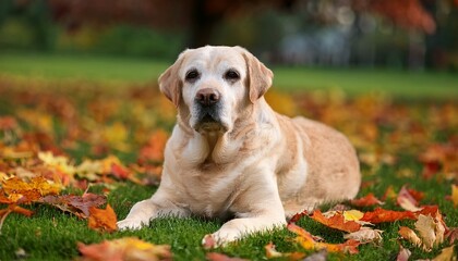 Senior Labrador Retriever Dog Resting On Green Grass With Fallen Autumn Leaves Looking Pensive And Reflecting Embodying Concepts Of Aging Loyalty And Companionship