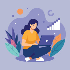 Businessman working on laptop in city office vector illustration