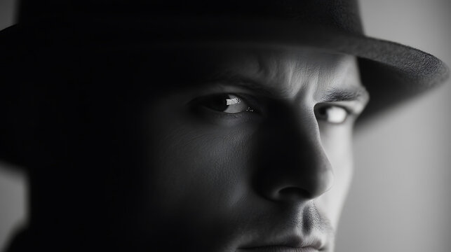 An enigmatic man in a fedora, captured in striking black and white. His intense gaze and the play of light and shadow create a timeless portrait of mystery and intrigue.
