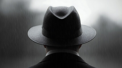 A figure in a dark suit and fedora stands in the rain, creating a sense of mystery and introspection. The minimalist composition accentuates the somber mood in 174 char