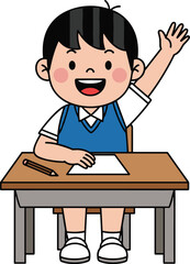 Cartoon child, classroom scene, raising hand, school desk, learning moment, student engagement, vector illustration, education concept, happy kid, study