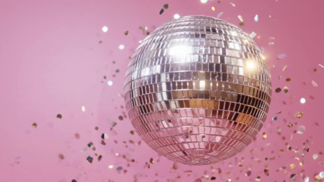 A cinematic scene of a spinning disco ball glimmering against a pink background, casting sparkling reflections, evoking vibrant party vibes, retro glamour, and festive dance-floor energy