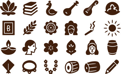 Collection of indian cultural symbols and icons for festivals and traditions including lotus flower diya music and more