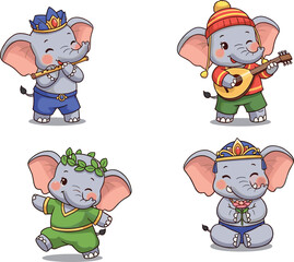Cartoon elephants, festive outfits, cultural costumes, musical animals, dancing characters, cute vector, joyful illustration, celebration theme, colorful art, playful design