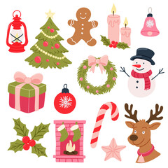 Cute Christmas illustration set featuring holiday elements such as a decorated tree, snowman, gingerbread man, wreath, candles, gifts, ornaments, holly, fireplace, candy cane, lantern, and reindeer