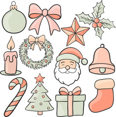 Set of Christmas icons in doodle style. Simple pudra color palette, cute festive hand-drawn illustration perfect for holiday cards, stickers, and decorations.