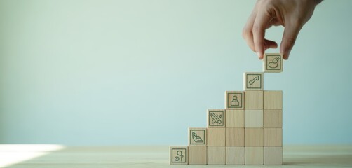 Building Success: A hand strategically places the final block atop a staircase made of wooden cubes. Each cube bears a symbol representing key elements of business, emphasizing growth and progress.