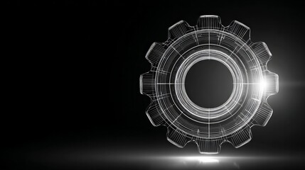 Wireframe gear with glowing light on black background, futuristic engineering concept