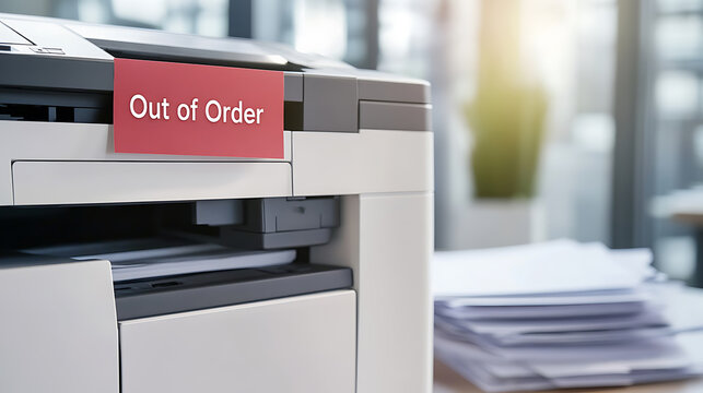 A printer labeled "Out of Order" sits in an office, implying malfunction and disrupted workflow. Symbolizes technical issues, office downtime, and frustration. #officeproblems