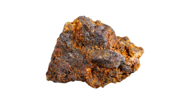 Natural brown iron ore mineral stone, raw rock sample rich in metal elements for geology, mining, and industry isolated on transparent background, PNG.