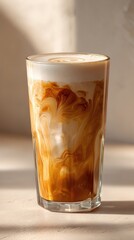 Iced coffee latte with swirling milk in sunlight