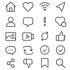 Outline Social Media and Interface Vector Icons Set Engagement Interaction and Basic UI Symbols