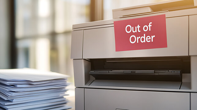 Malfunctioning office printer with "Out of Order" sign and stack of papers. Highlights the frustrations of office equipment malfunctions. A common challenge in work environments.